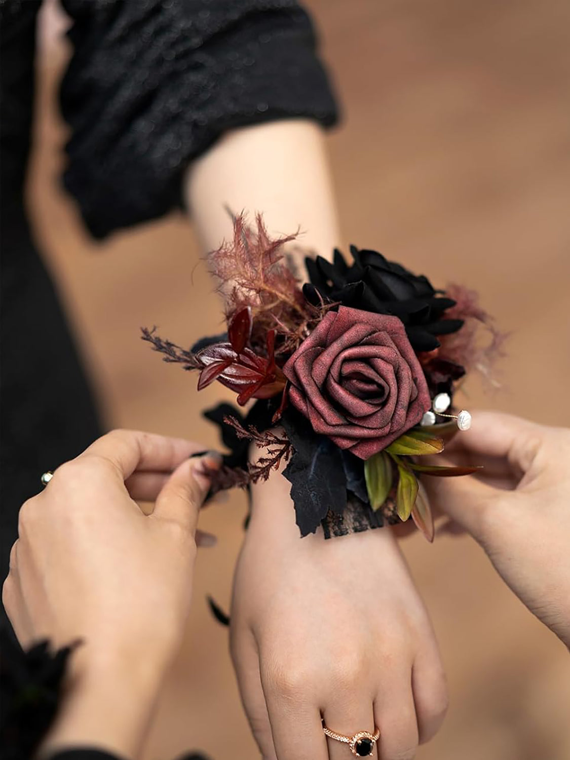 Black & Gothic Burgundy 6pcs Wedding Wrist Corsage Artificial Flowers