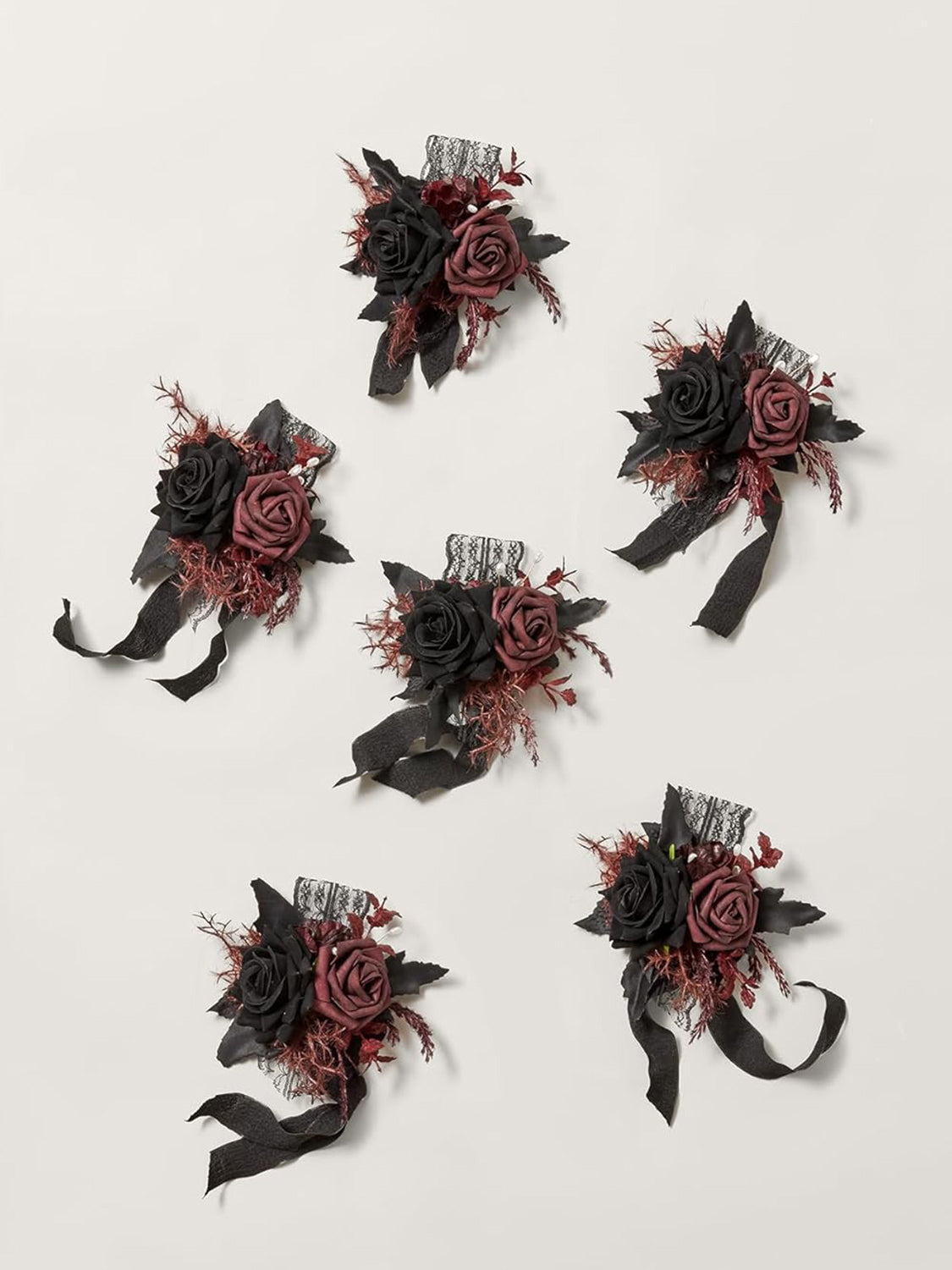 Black & Gothic Burgundy 6pcs Wedding Wrist Corsage Artificial Flowers