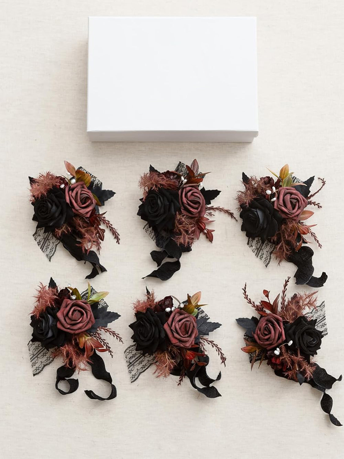 Black & Gothic Burgundy 6pcs Wedding Wrist Corsage Artificial Flowers