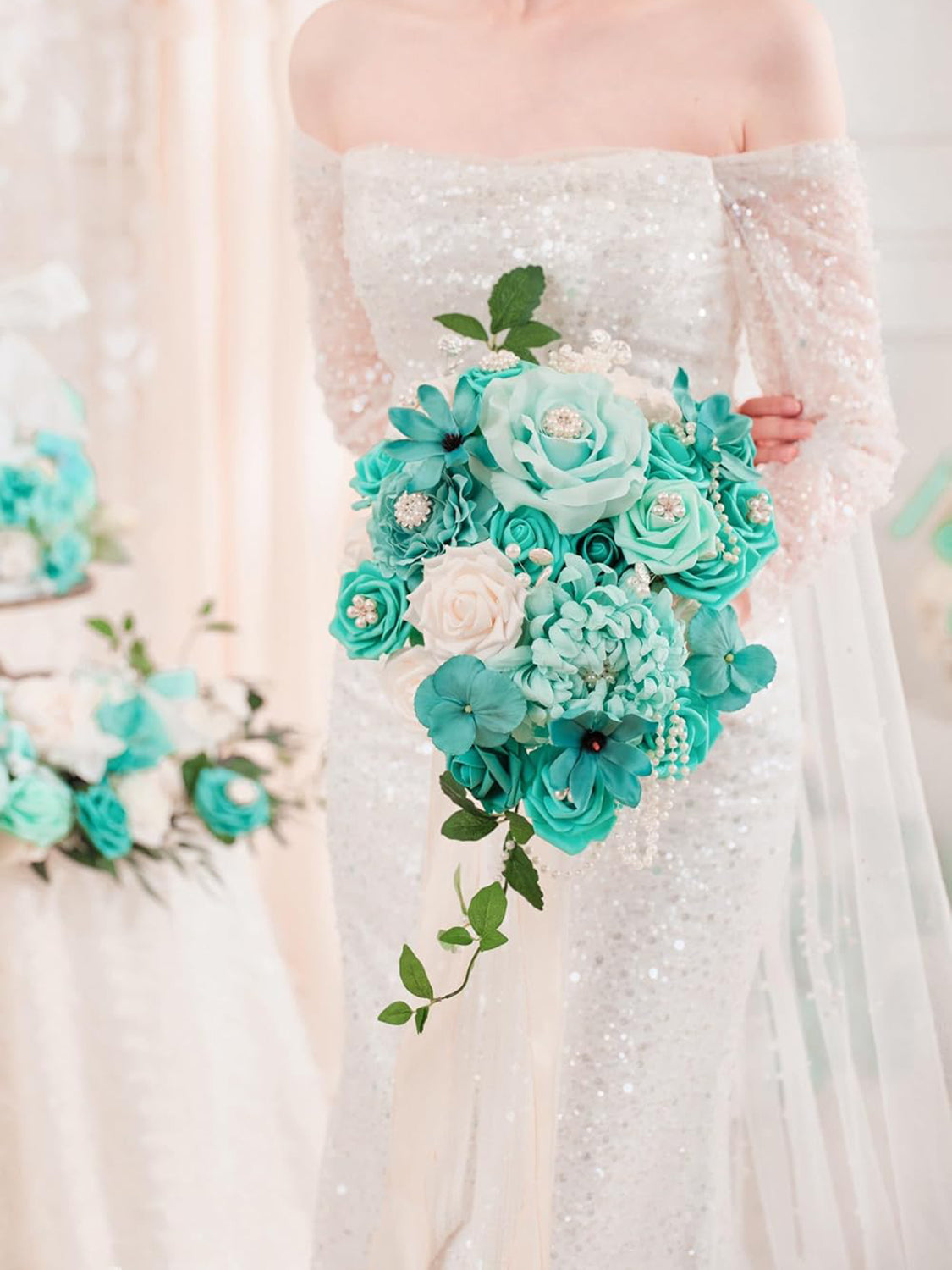 Teal Green & Champange Wedding Bouquets for Bride