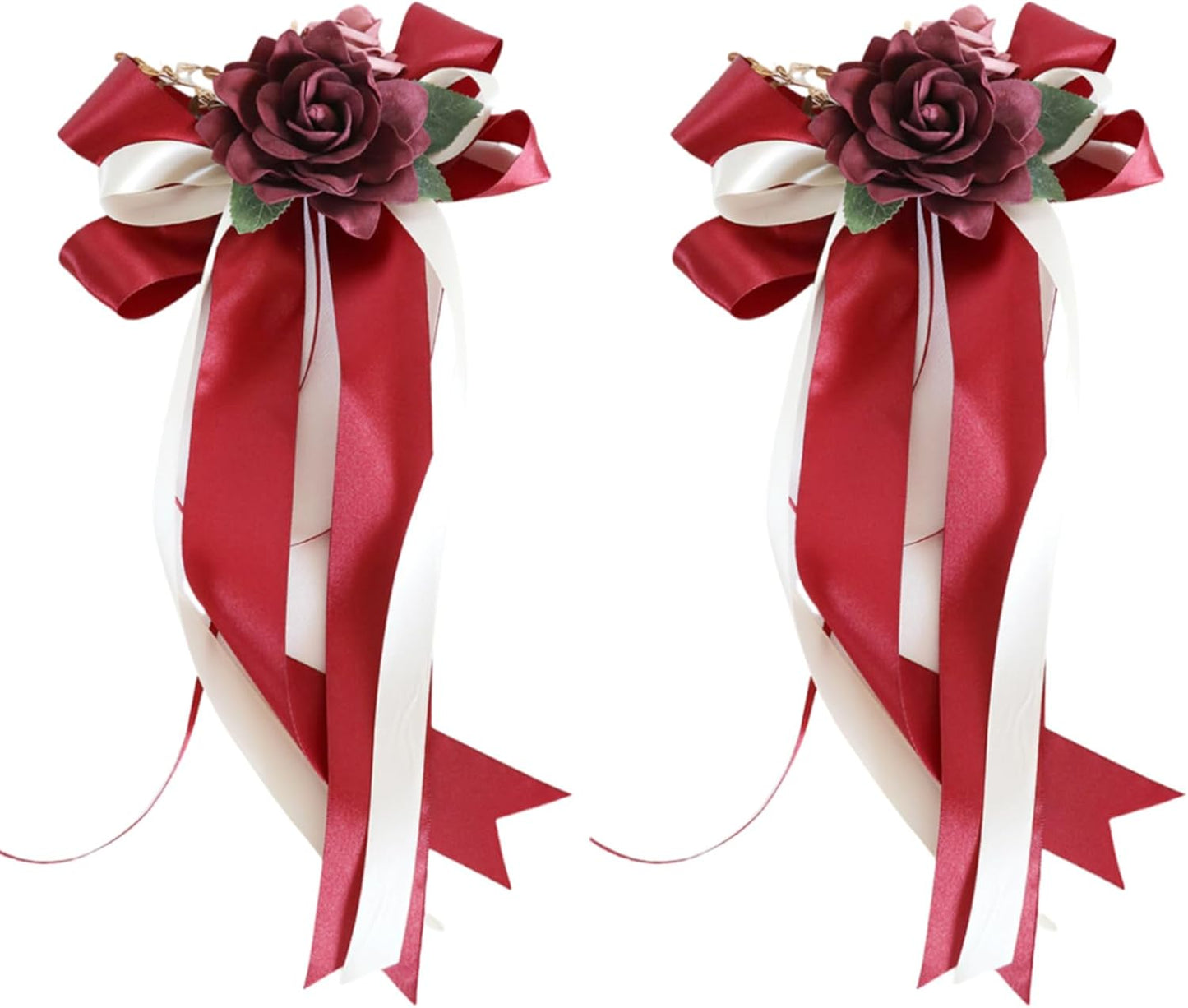 Red Wedding Car Mirror Decorations 14 Inch 2 Pack Bow Flowers