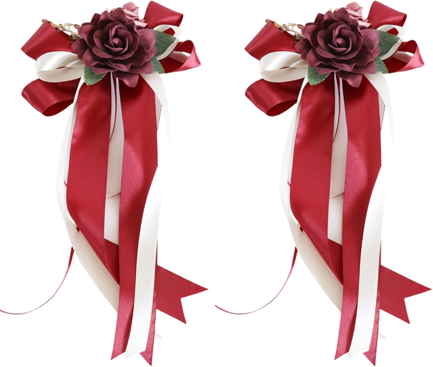 Red Wedding Car Mirror Decorations 14 Inch 2 Pack Bow Flowers
