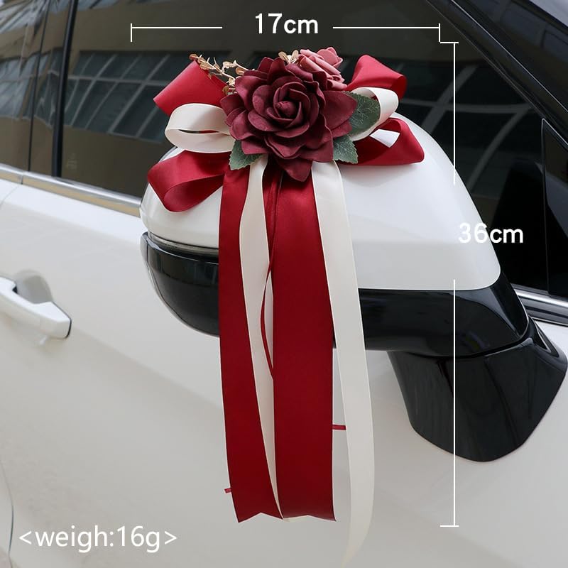 Red Wedding Car Mirror Decorations 14 Inch 2 Pack Bow Flowers