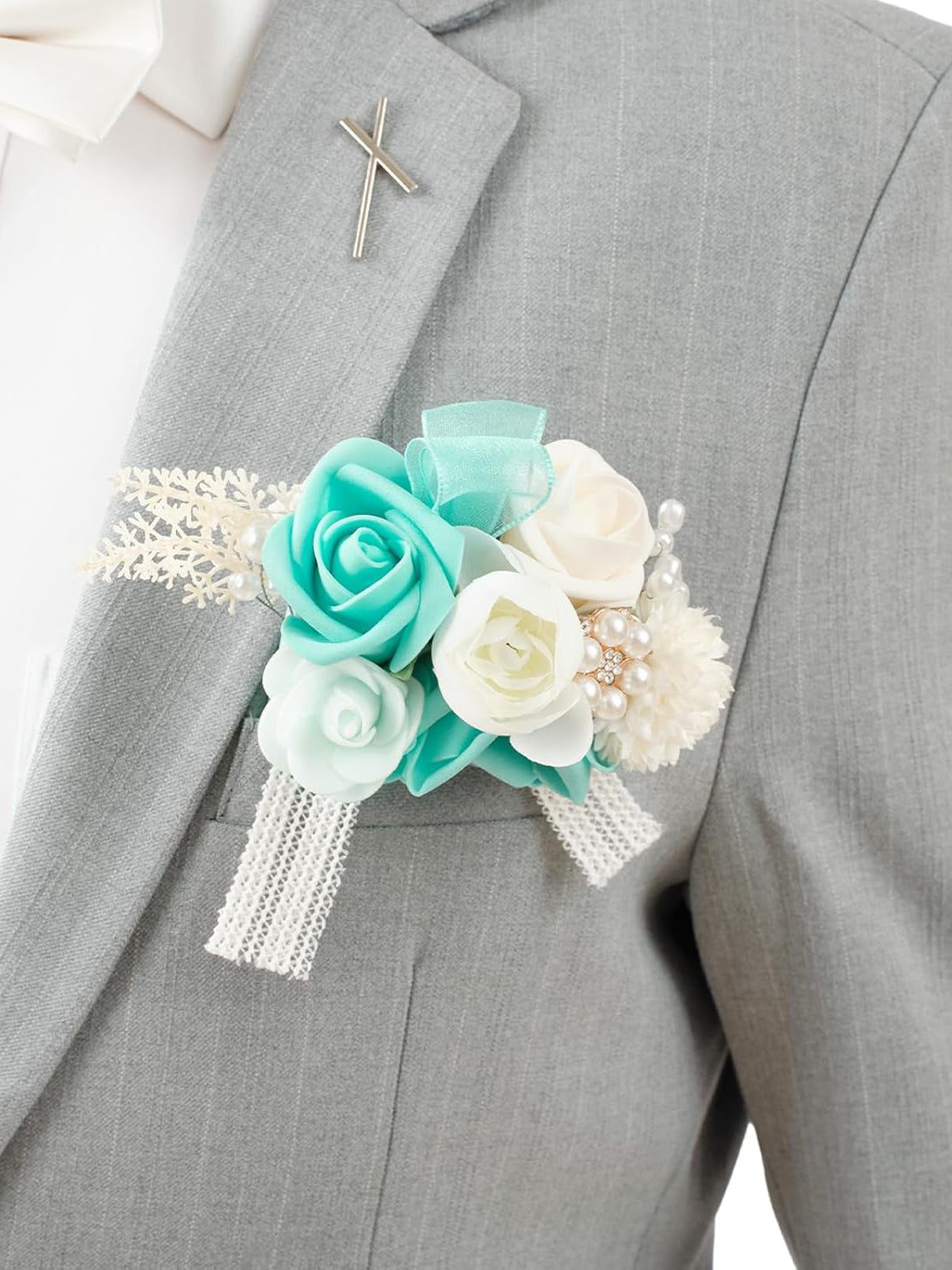 Teal Green & champagne Men Wedding Boutonniere Groom Single