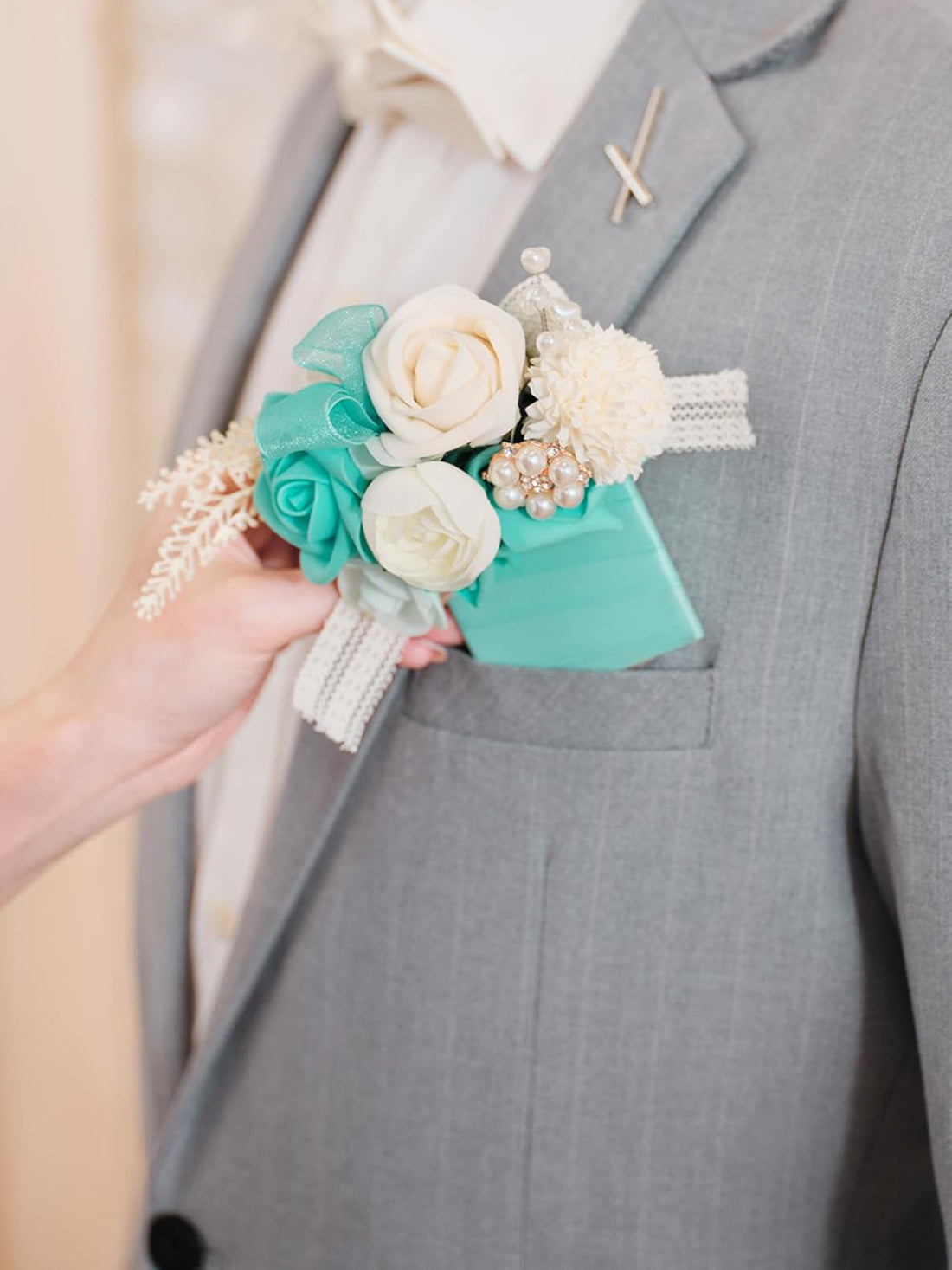 Teal Green & champagne Men Wedding Boutonniere Groom Single