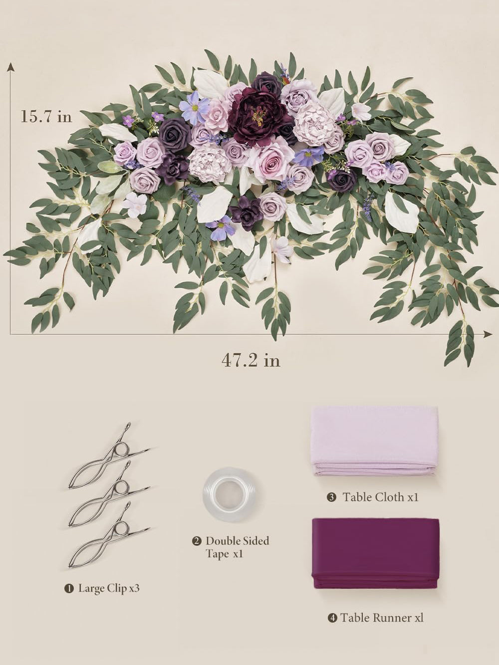 Lavender & Plum Wedding Centerpiece Artificial Sweetheart Flower Swag 47.2 Inch Pack of 3