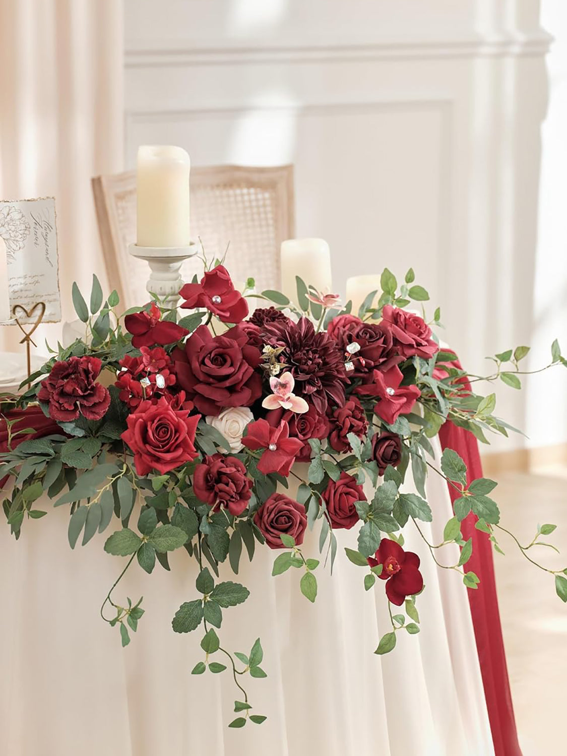 Burgundy Red Wedding Centerpiece Artificial Sweetheart Flower Swag 37.4 Inch Pack of 3