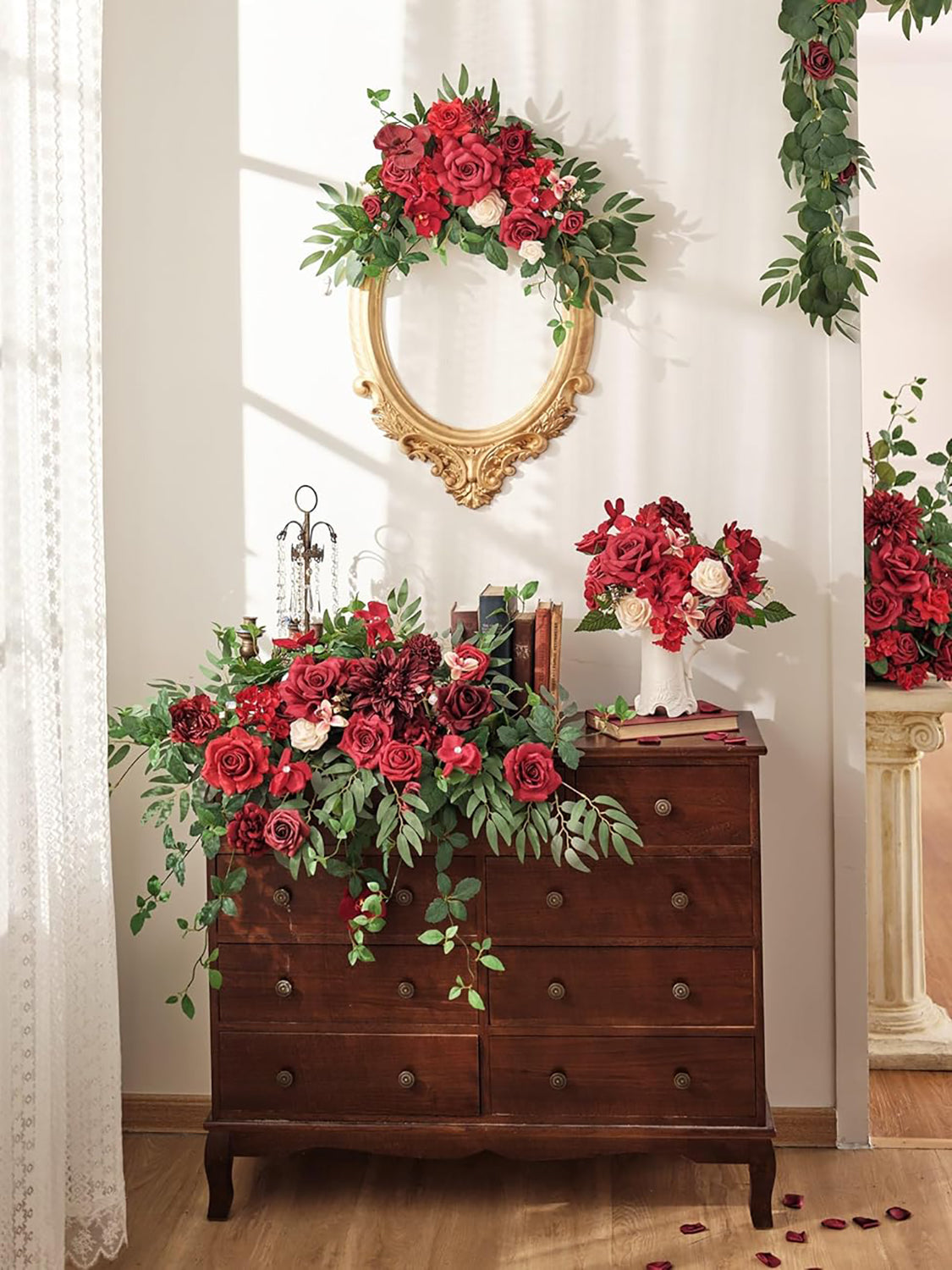 Burgundy Red Wedding Centerpiece Artificial Sweetheart Flower Swag 37.4 Inch Pack of 3