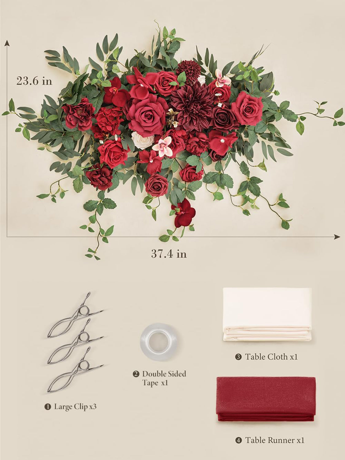 Burgundy Red Wedding Centerpiece Artificial Sweetheart Flower Swag 37.4 Inch Pack of 3