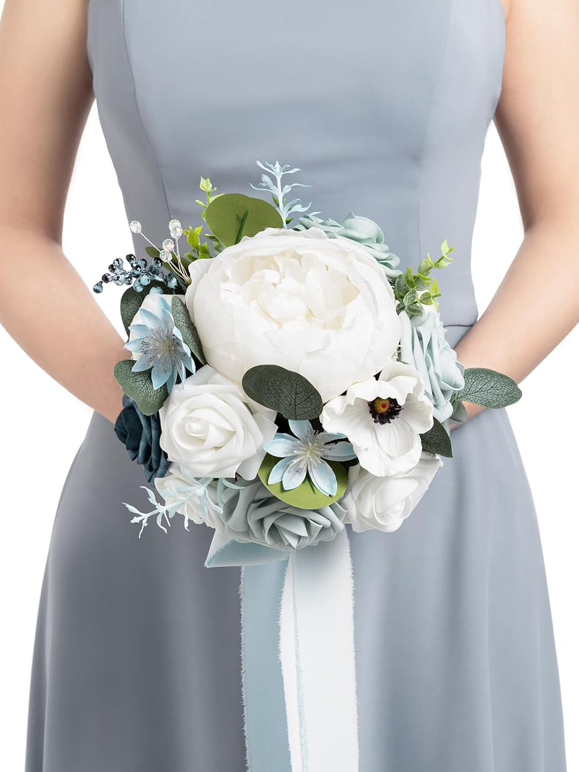 Dusty Blue & Navy Artificial Wedding Flower Bridesmaids Bouquets 7-inch