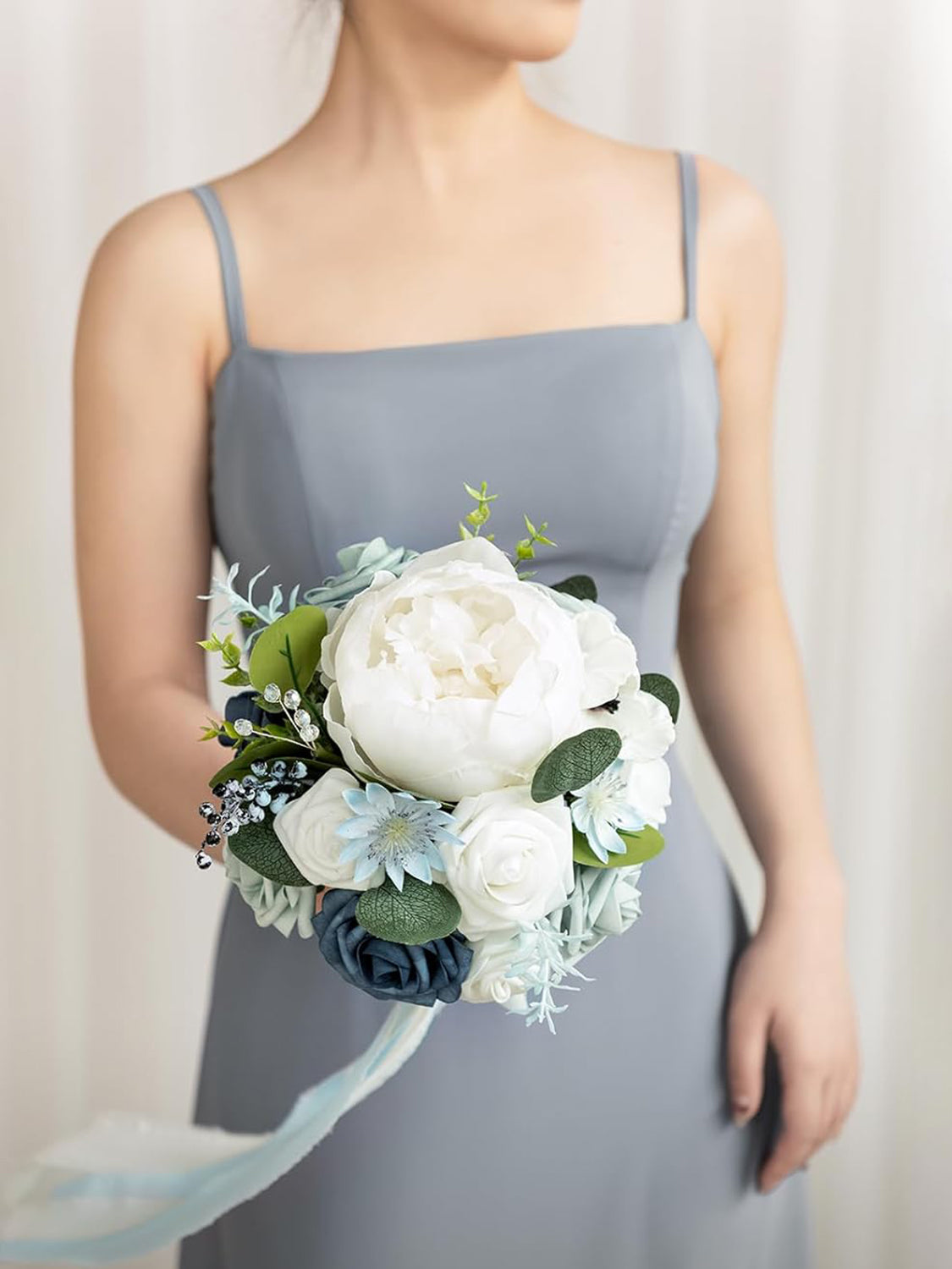 Dusty Blue & Navy Artificial Wedding Flower Bridesmaids Bouquets 7-inch