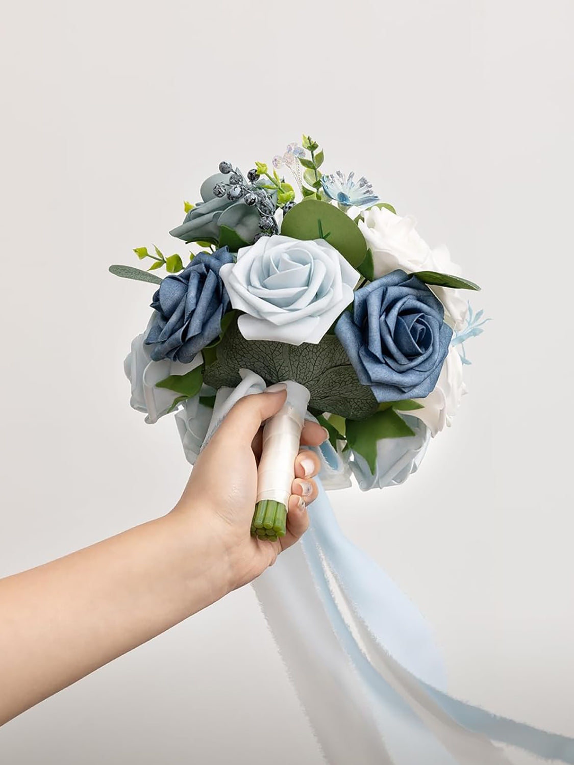 Dusty Blue & Navy Artificial Wedding Flower Bridesmaids Bouquets 7-inch