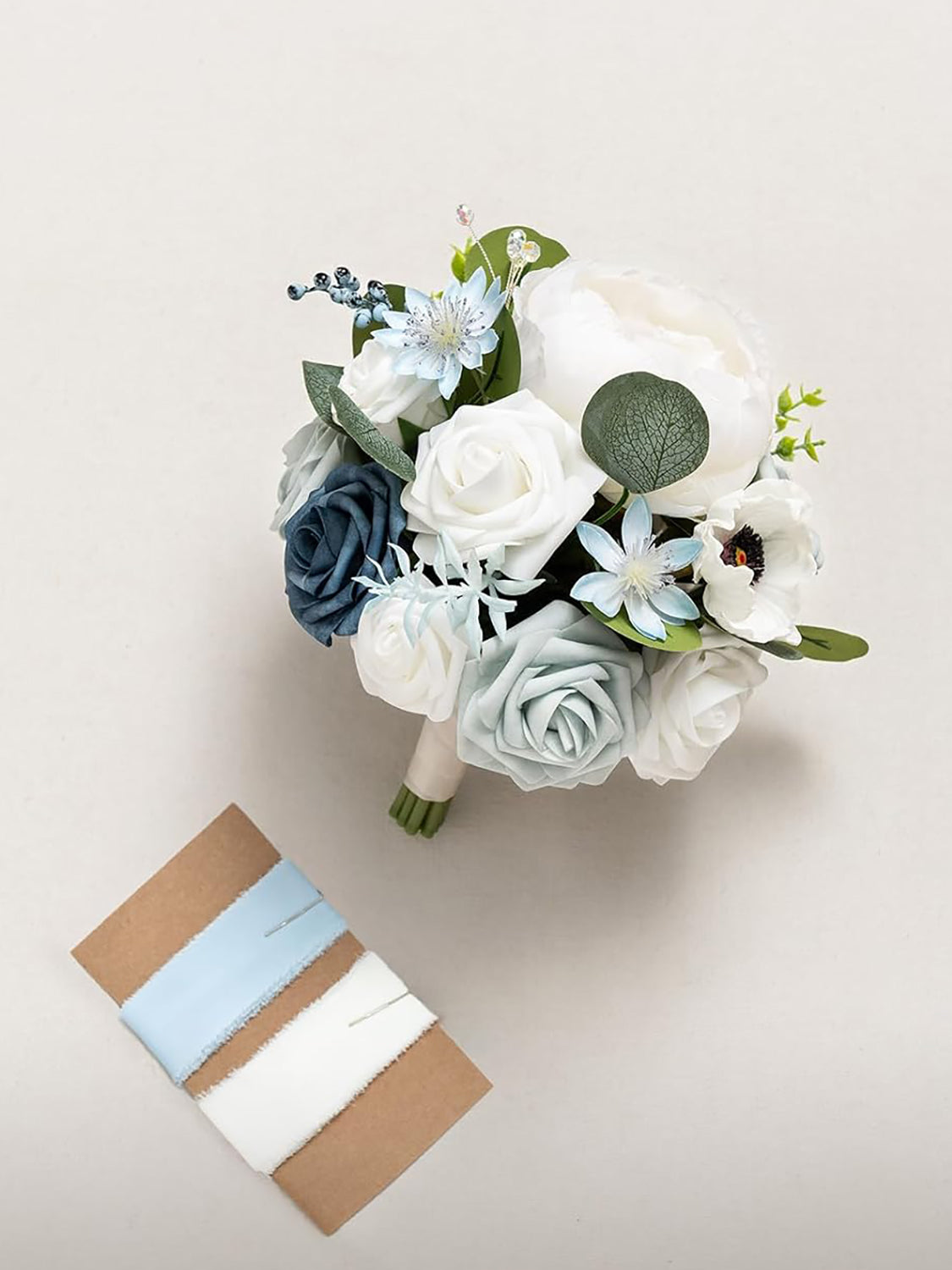 Dusty Blue & Navy Artificial Wedding Flower Bridesmaids Bouquets 7-inch