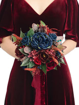 Navy Blue & Burgundy Red Artificial Wedding Flower Bridesmaids Bouquets 7 Inch