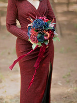 Navy Blue & Burgundy Red Artificial Wedding Flower Bridesmaids Bouquets 7 Inch