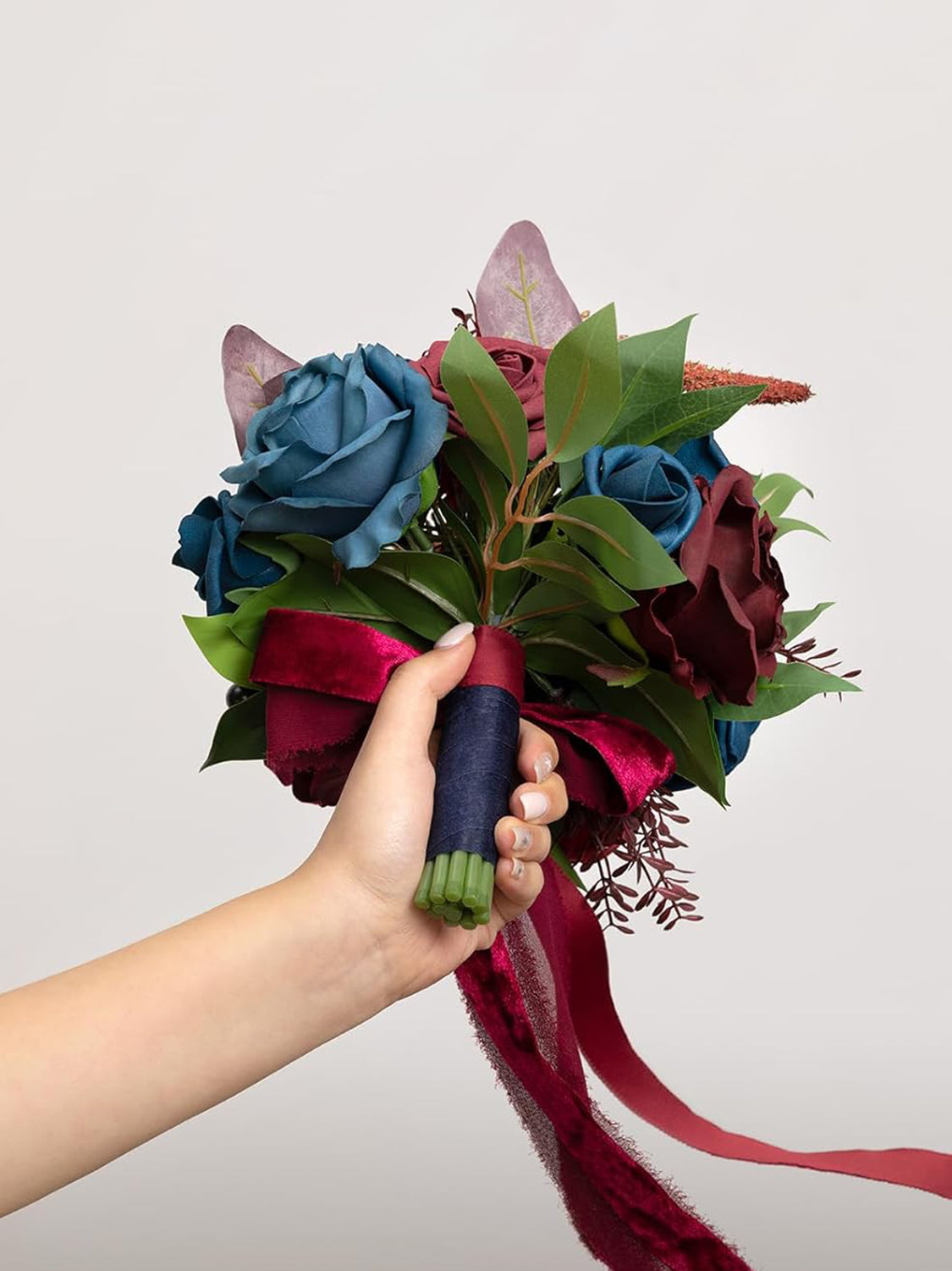 Navy Blue & Burgundy Red Artificial Wedding Flower Bridesmaids Bouquets 7 Inch
