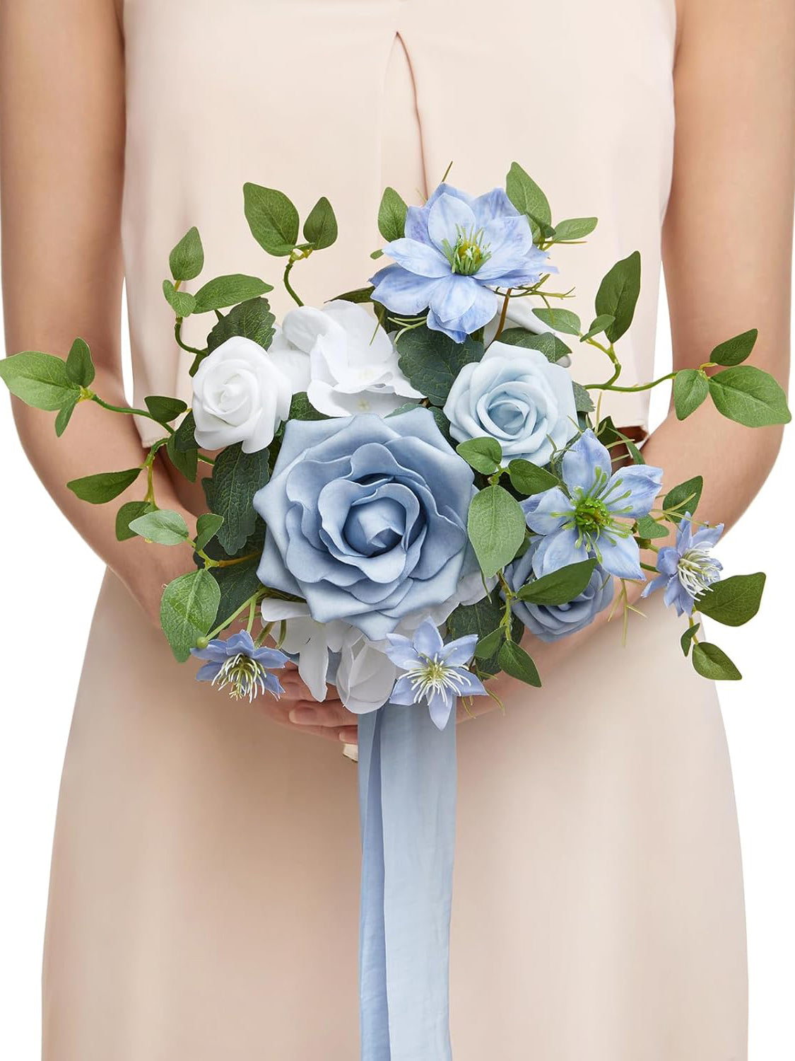 White & Dusty Blue Artificial Wedding Flower Bridesmaids Bouquets 7 Inch