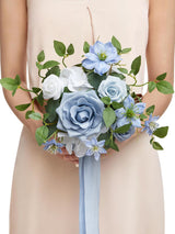 White & Dusty Blue Artificial Wedding Flower Bridesmaids Bouquets 7 Inch