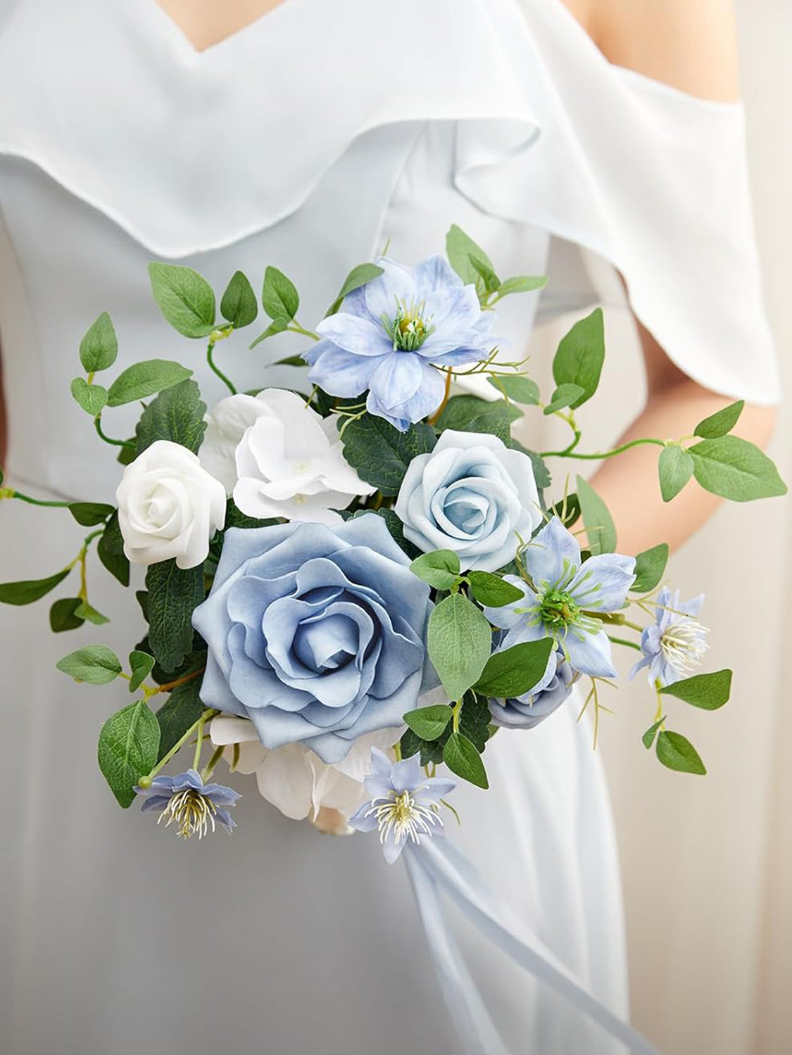 White & Dusty Blue Artificial Wedding Flower Bridesmaids Bouquets 7 Inch