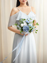 White & Dusty Blue Artificial Wedding Flower Bridesmaids Bouquets 7 Inch