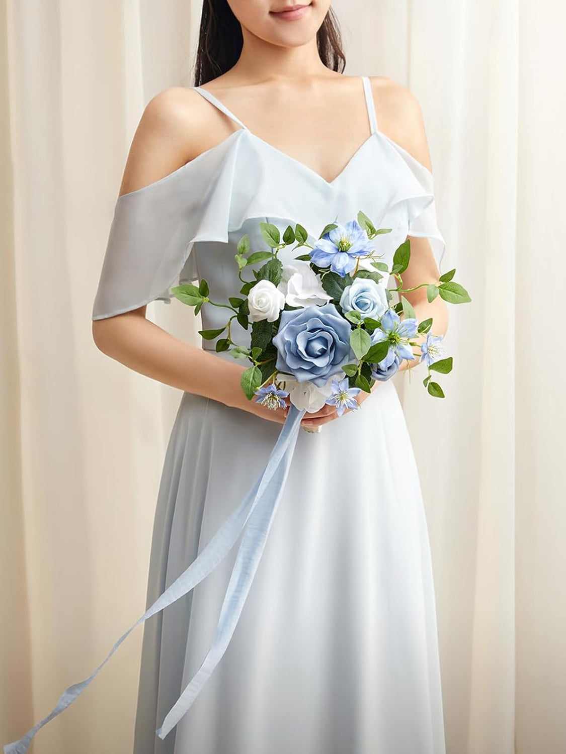 White & Dusty Blue Artificial Wedding Flower Bridesmaids Bouquets 7 Inch