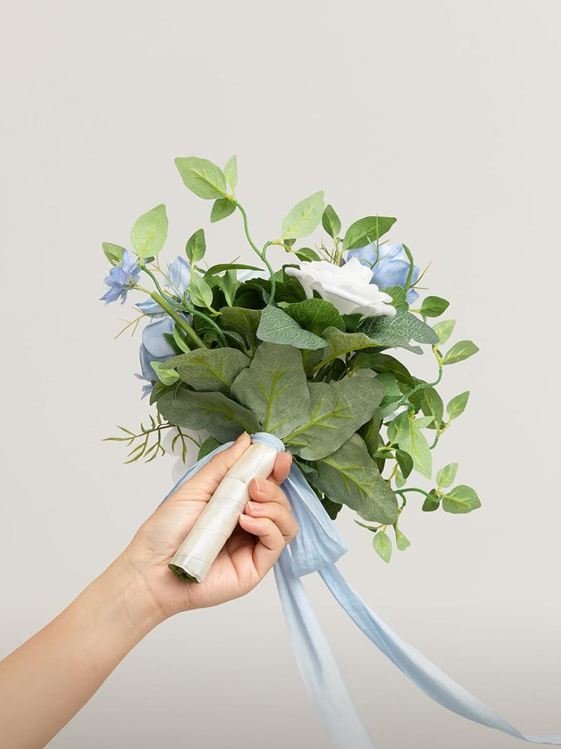 White & Dusty Blue Artificial Wedding Flower Bridesmaids Bouquets 7 Inch