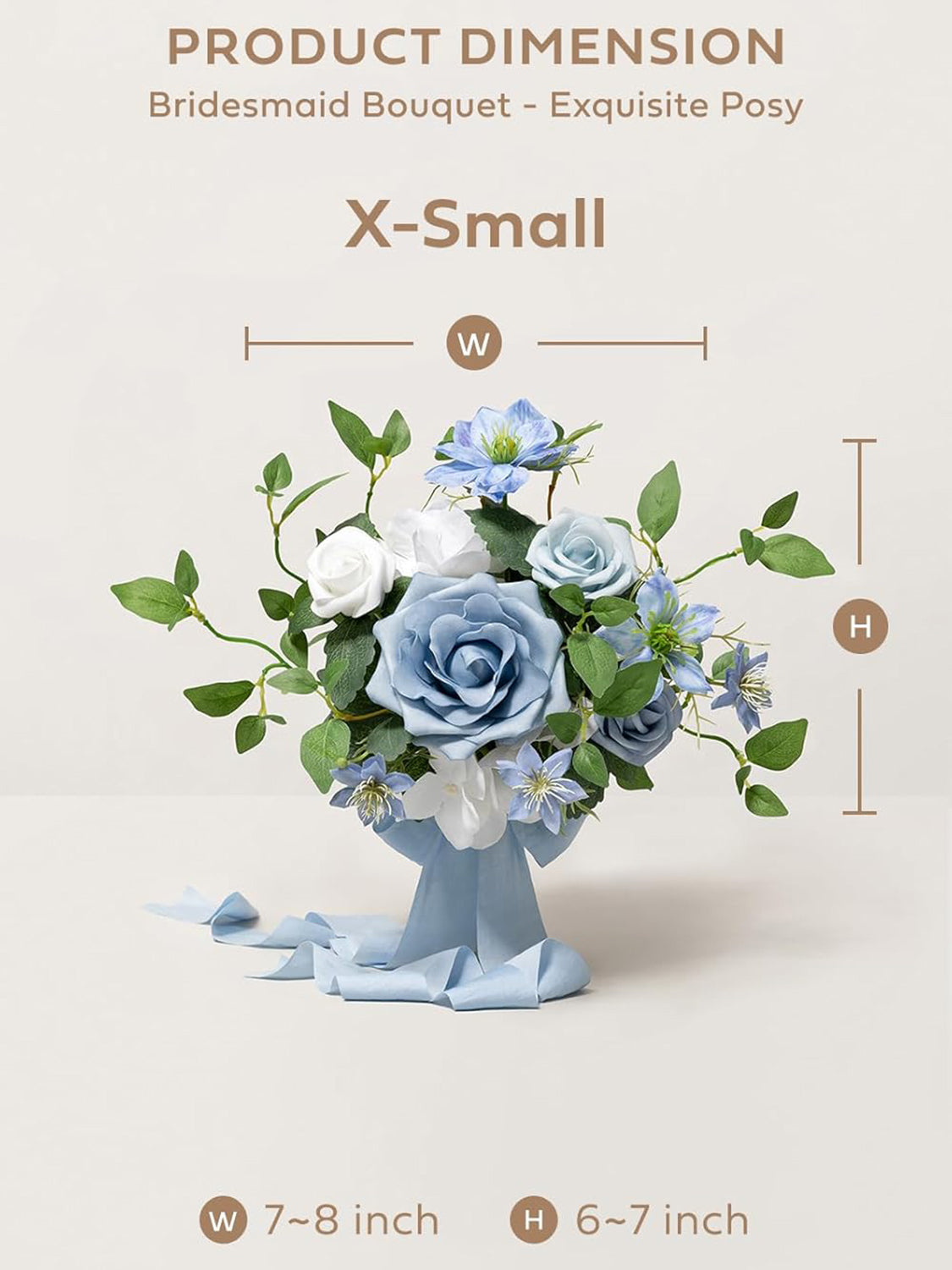 White & Dusty Blue Artificial Wedding Flower Bridesmaids Bouquets 7 Inch