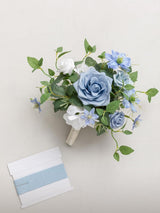 White & Dusty Blue Artificial Wedding Flower Bridesmaids Bouquets 7 Inch
