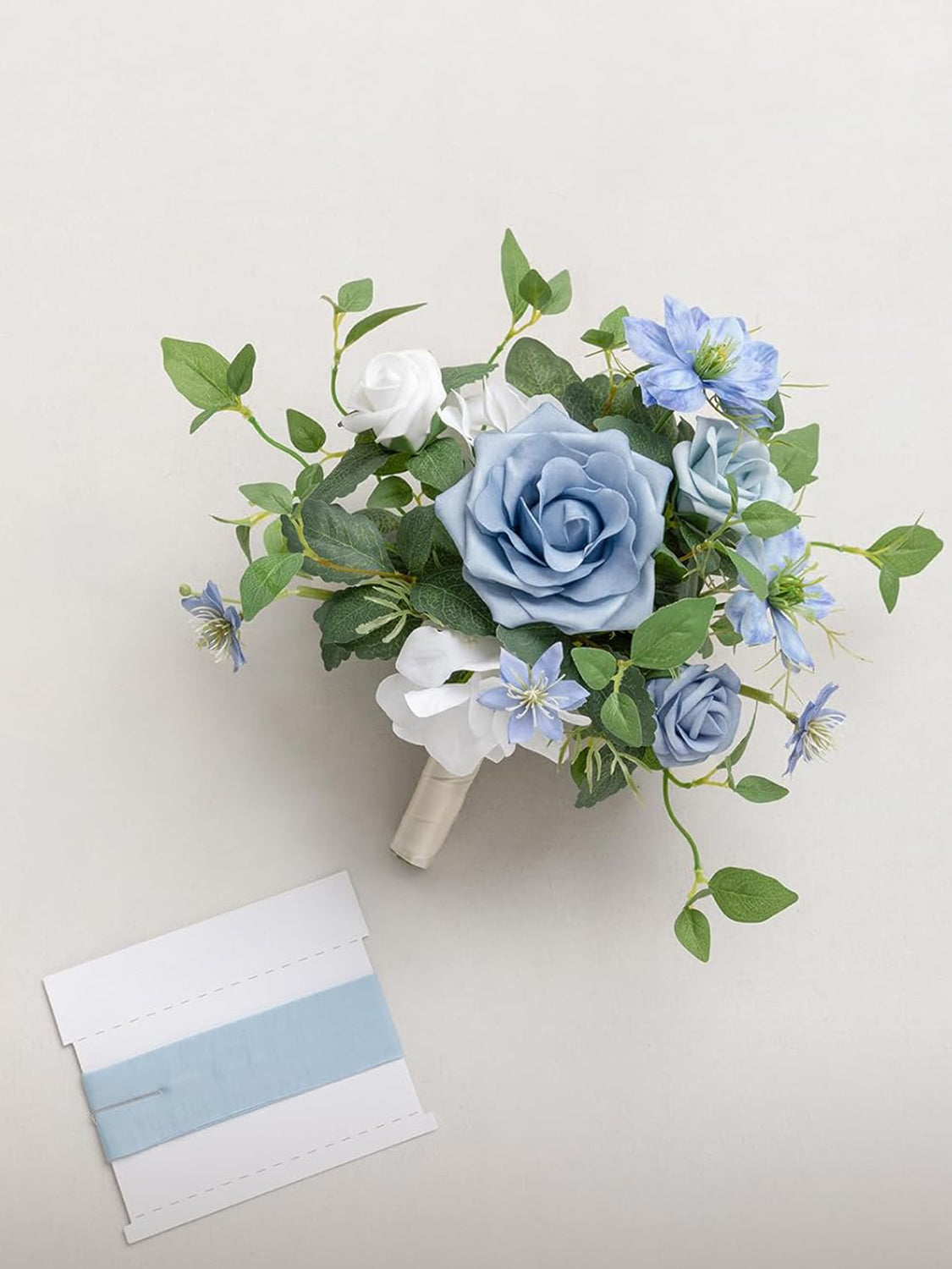 White & Dusty Blue Artificial Wedding Flower Bridesmaids Bouquets 7 Inch