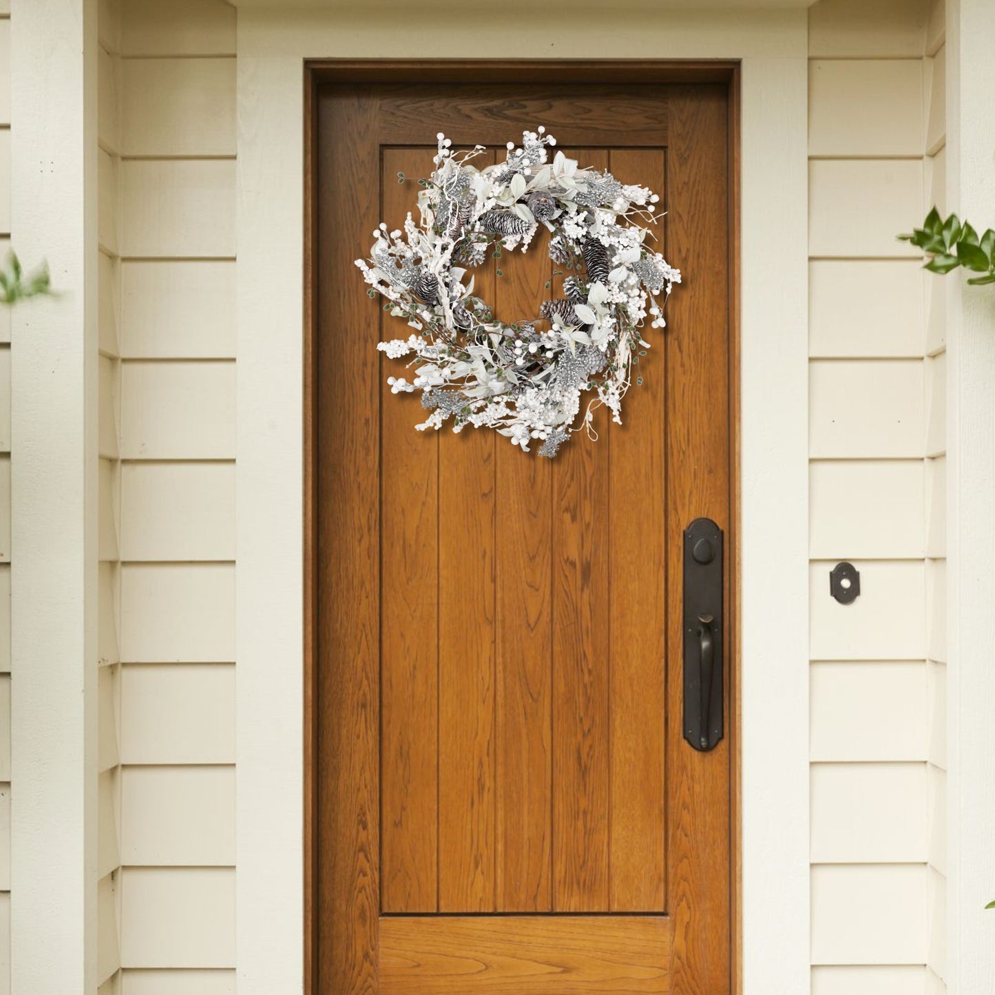 24 inch White Christmas Wreath,Winter Wreaths for Front Door with Pinecones Berries