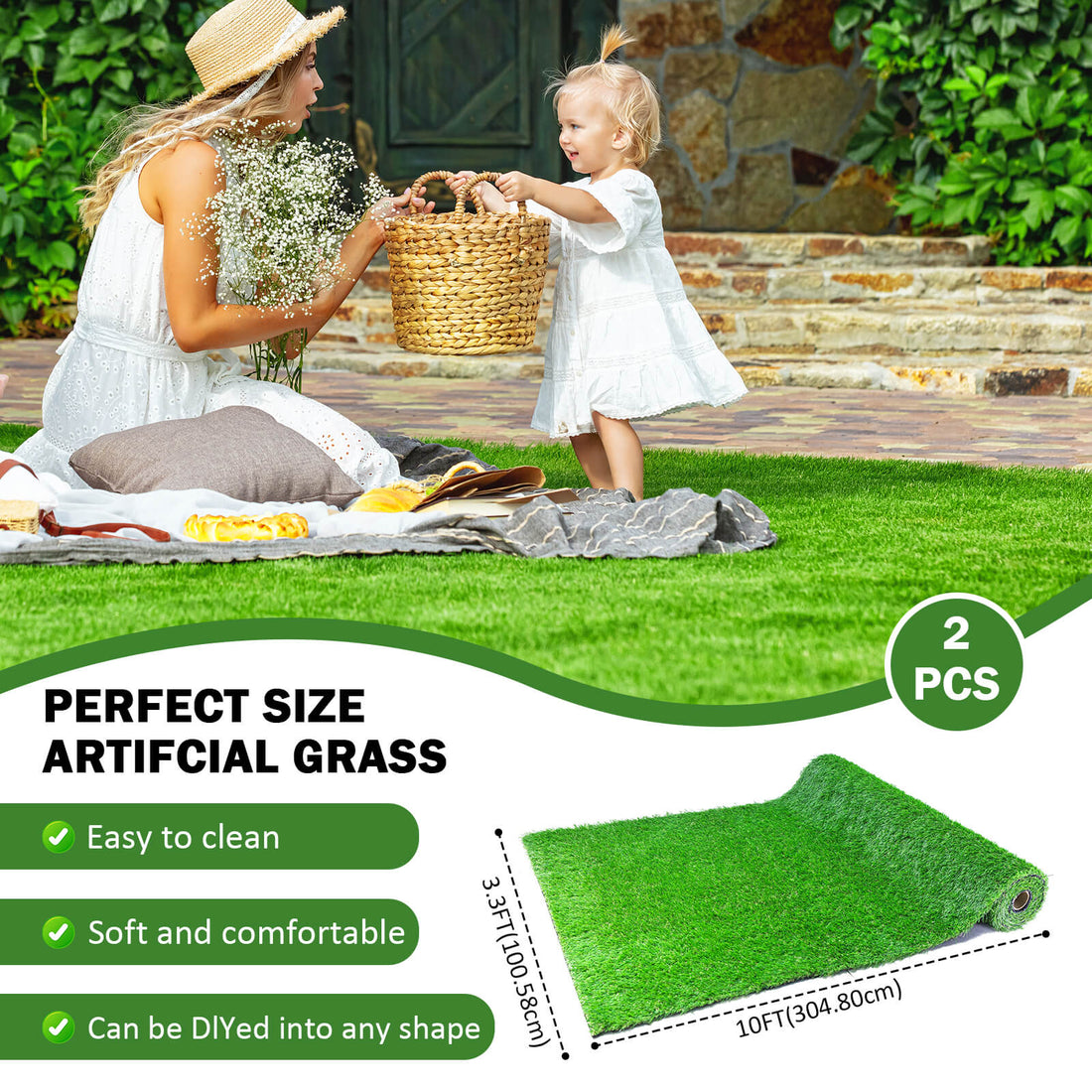 (2Pack)3.3FTx10FT Artificial Grass Realistic Synthetic Thick Fake Faux Grass Rug Astroturf Carpet Landscape