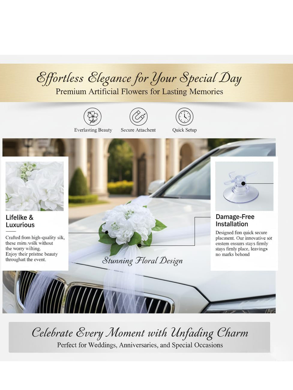 Wedding Car Decoration Set White Artificial Flower With Satin Ribbons Wcd White
