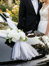 Wedding Car Decoration Set White Artificial Flower With Satin Ribbons Wcd White