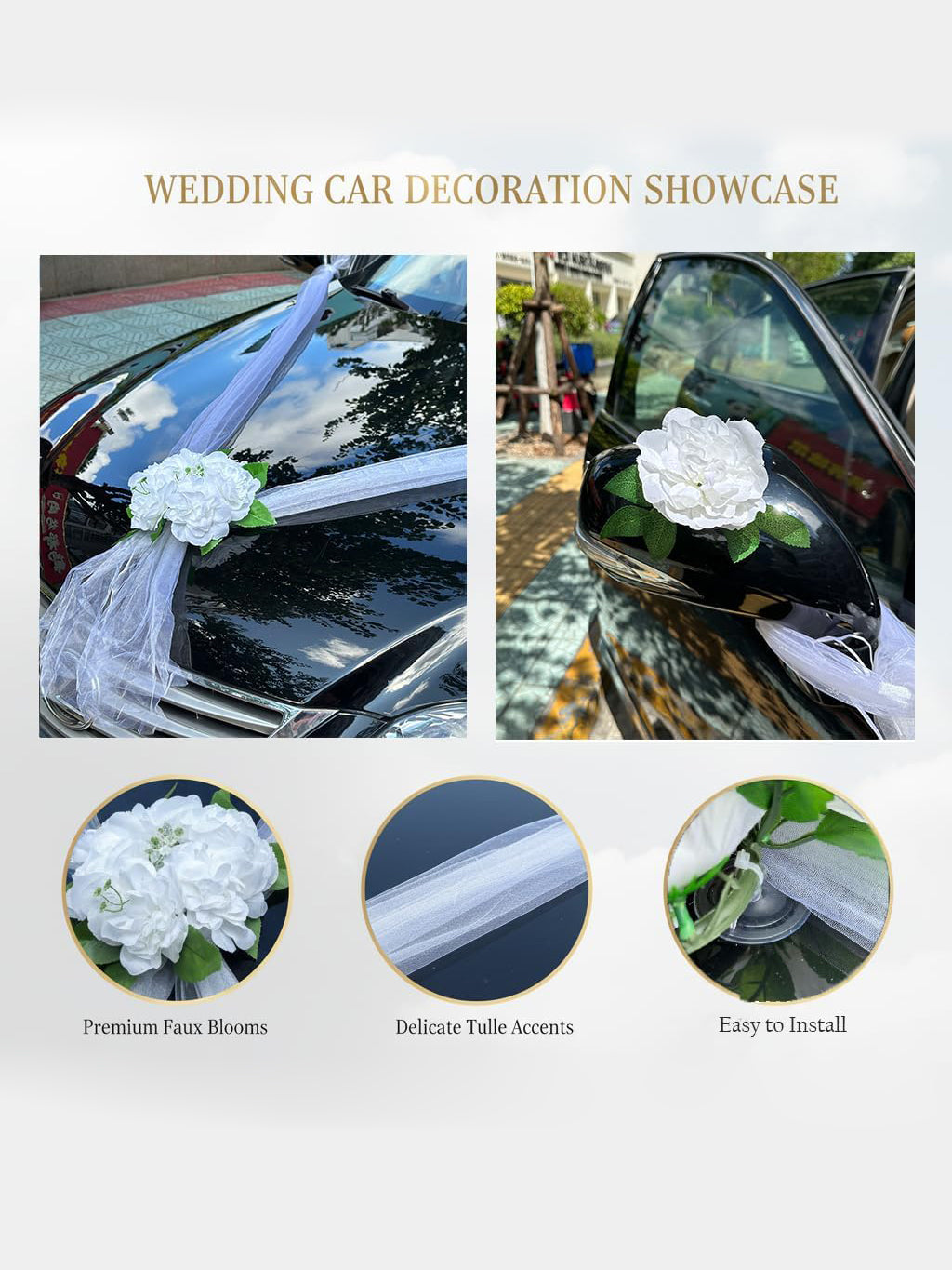 Wedding Car Decoration Set White Artificial Flower With Satin Ribbons Wcd White