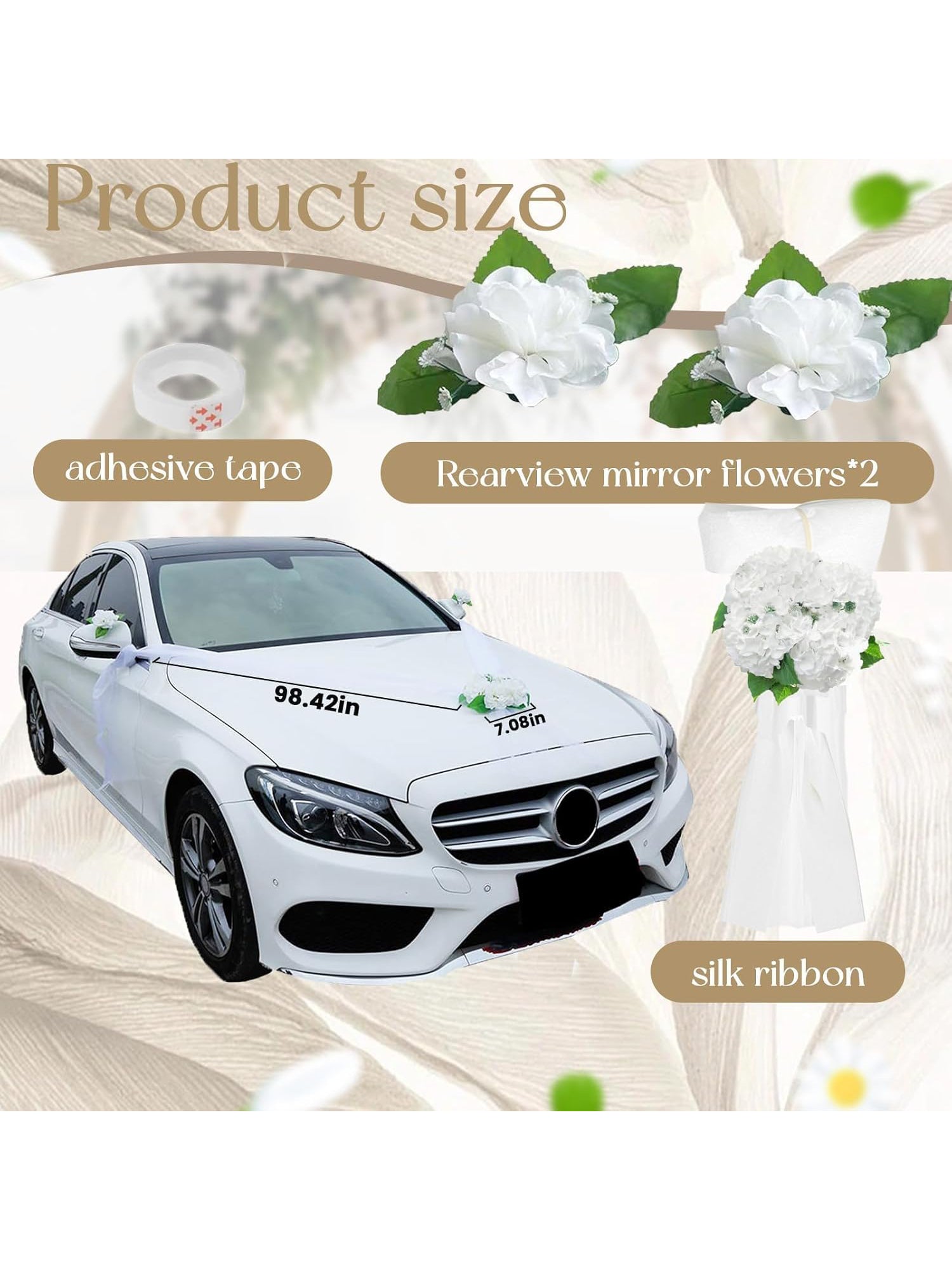 Wedding Car Decoration Set White Artificial Flower With Satin Ribbons Wcd White