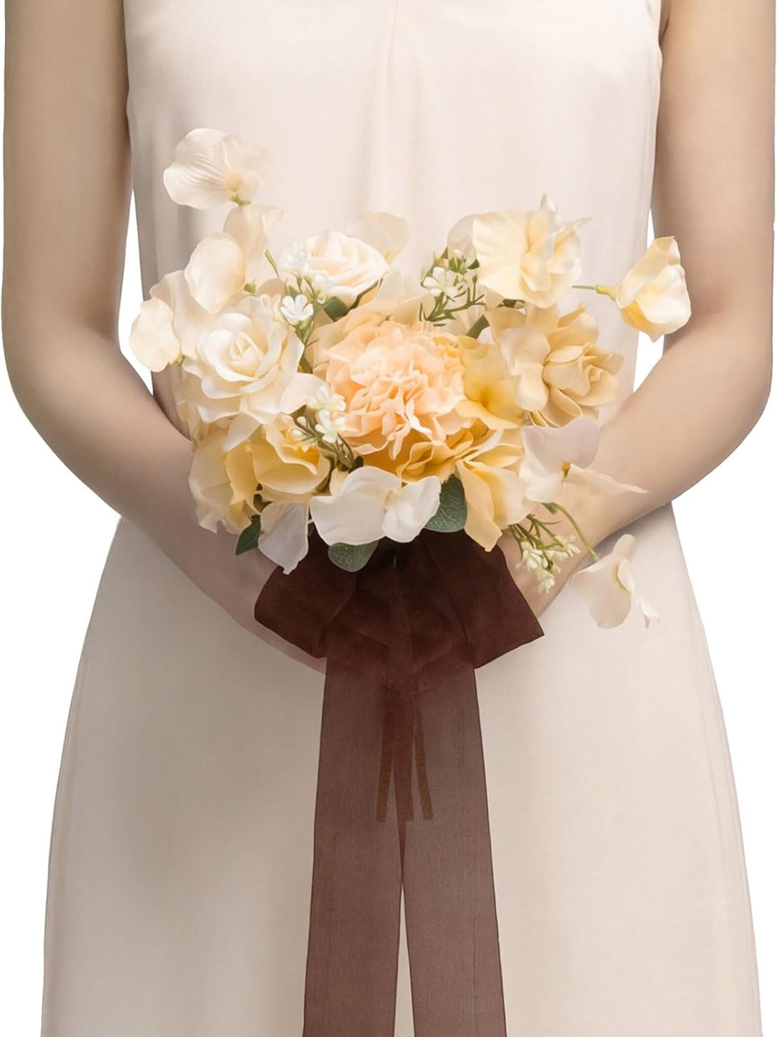 Soft Peach & Brown Artificial Wedding Flower Bridesmaids Bouquets 7 Inch