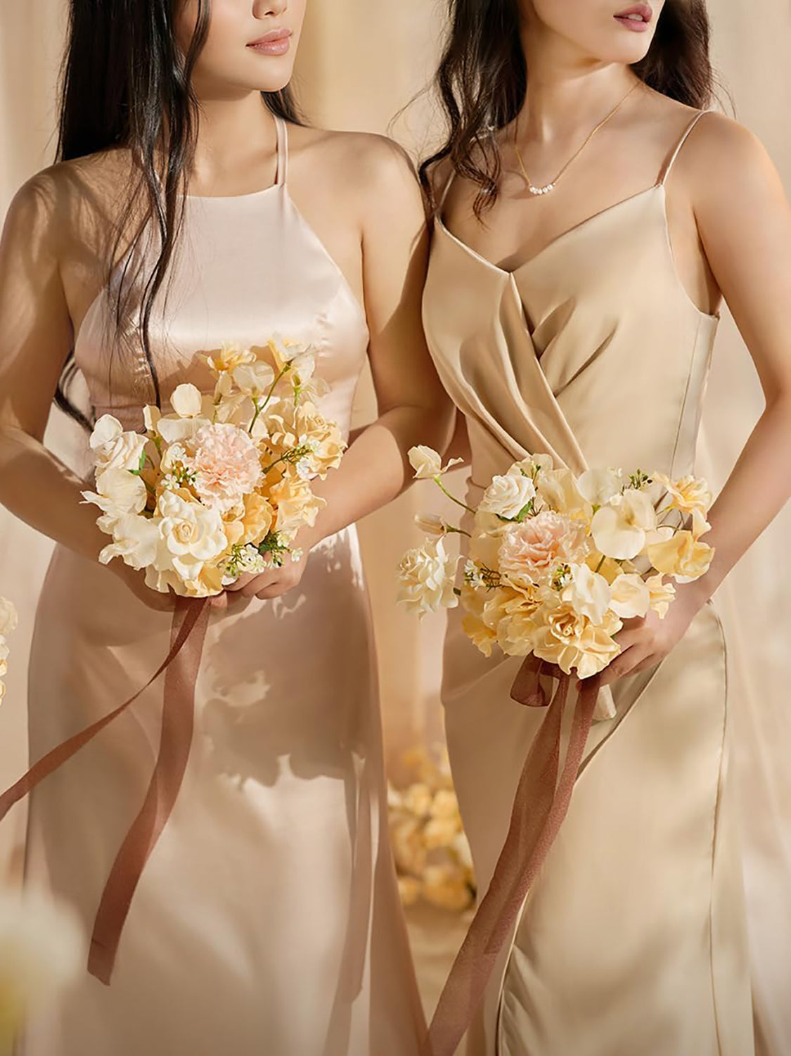 Soft Peach & Brown Artificial Wedding Flower Bridesmaids Bouquets 7 Inch