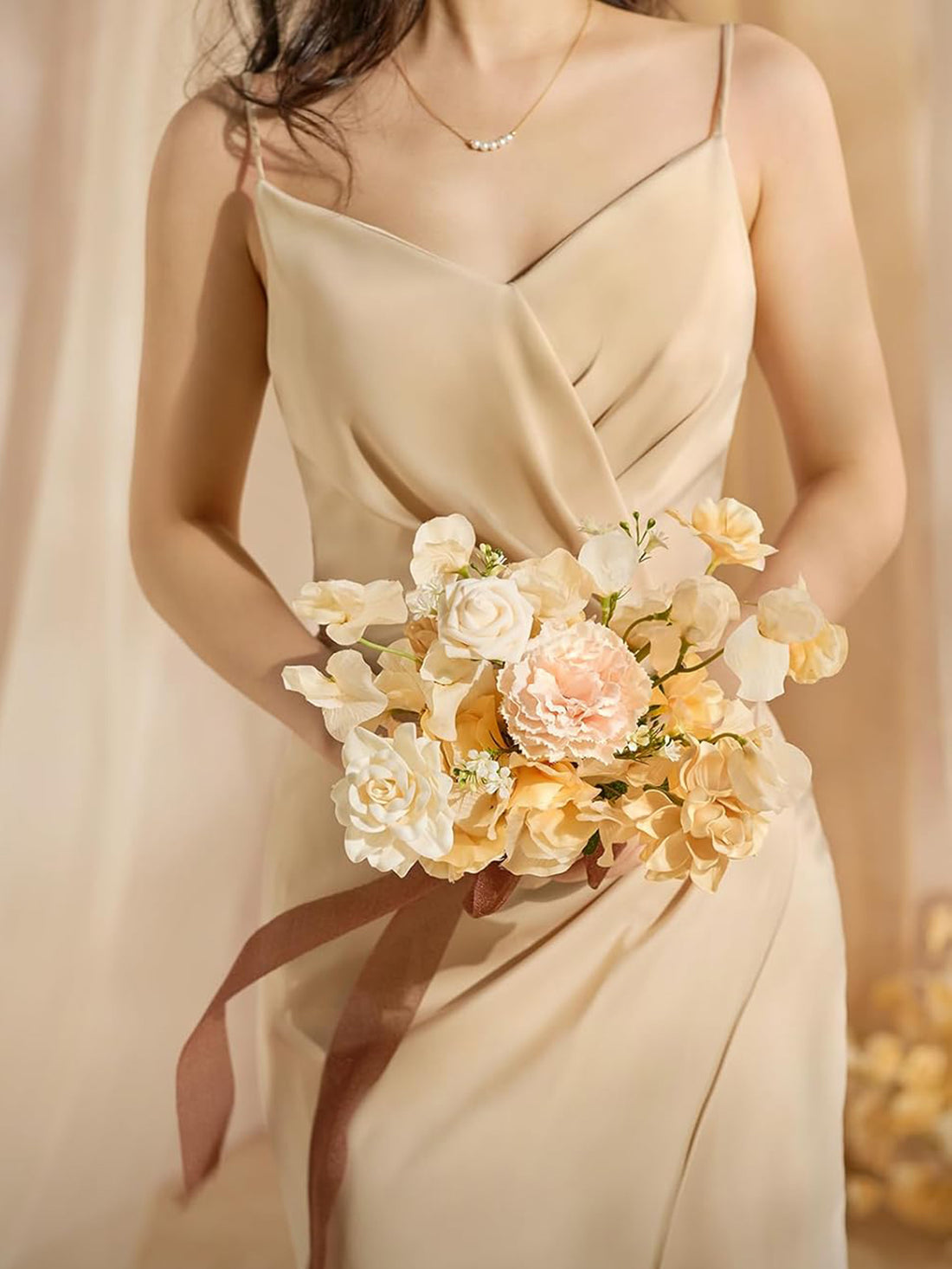 Soft Peach & Brown Artificial Wedding Flower Bridesmaids Bouquets 7 Inch