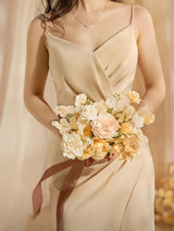 Soft Peach & Brown Artificial Wedding Flower Bridesmaids Bouquets 7 Inch