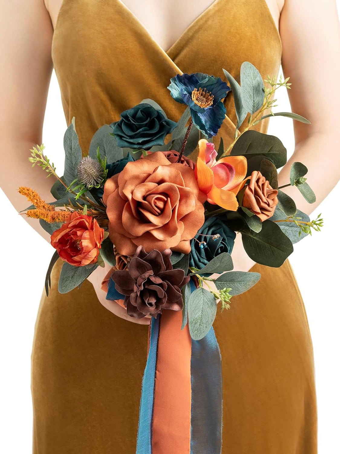 Orange & Dark Teal Artificial Wedding Flower Bridesmaids Bouquets 7 Inch