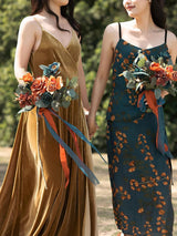 Orange & Dark Teal Artificial Wedding Flower Bridesmaids Bouquets 7 Inch