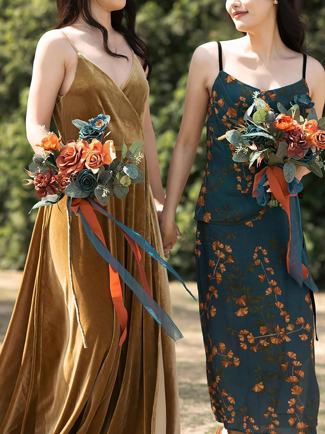 Orange & Dark Teal Artificial Wedding Flower Bridesmaids Bouquets 7 Inch