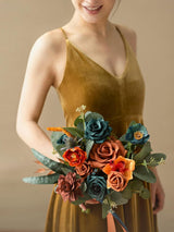 Orange & Dark Teal Artificial Wedding Flower Bridesmaids Bouquets 7 Inch