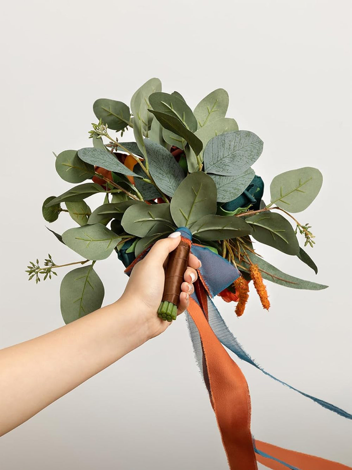 Orange & Dark Teal Artificial Wedding Flower Bridesmaids Bouquets 7 Inch