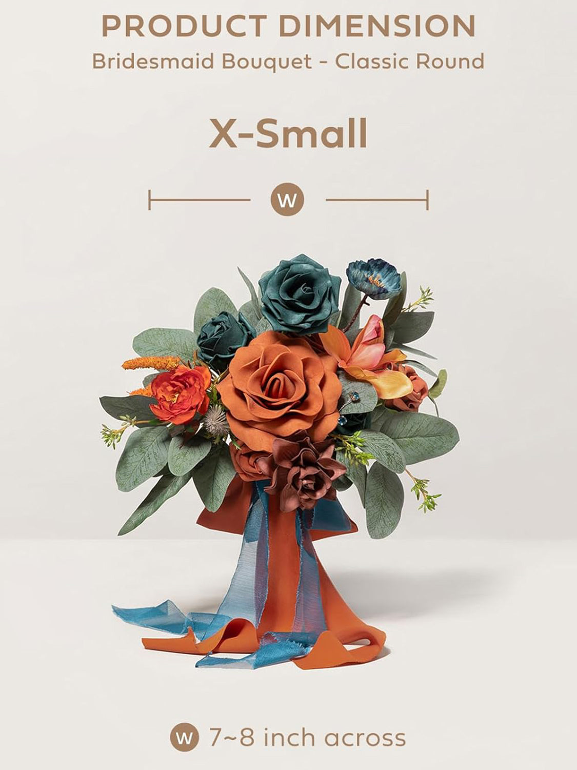 Orange & Dark Teal Artificial Wedding Flower Bridesmaids Bouquets 7 Inch