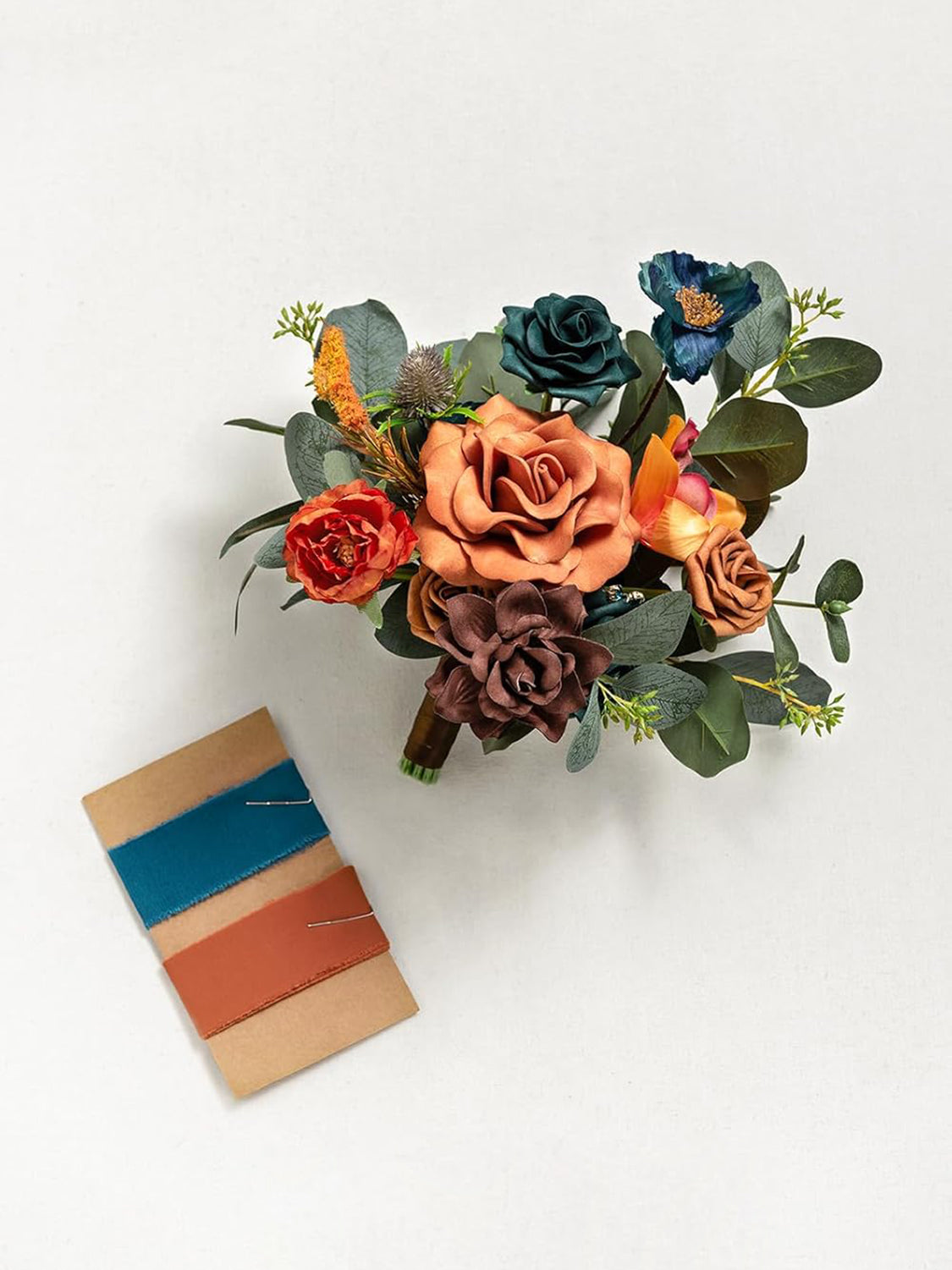 Orange & Dark Teal Artificial Wedding Flower Bridesmaids Bouquets 7 Inch