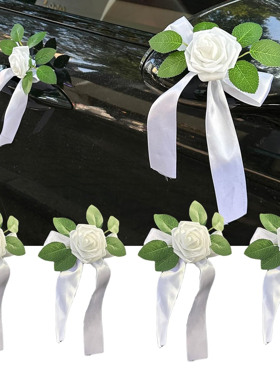 Wedding Car Door Handle Flowers 4Pack Artificial Silk Decorations Suction Cups