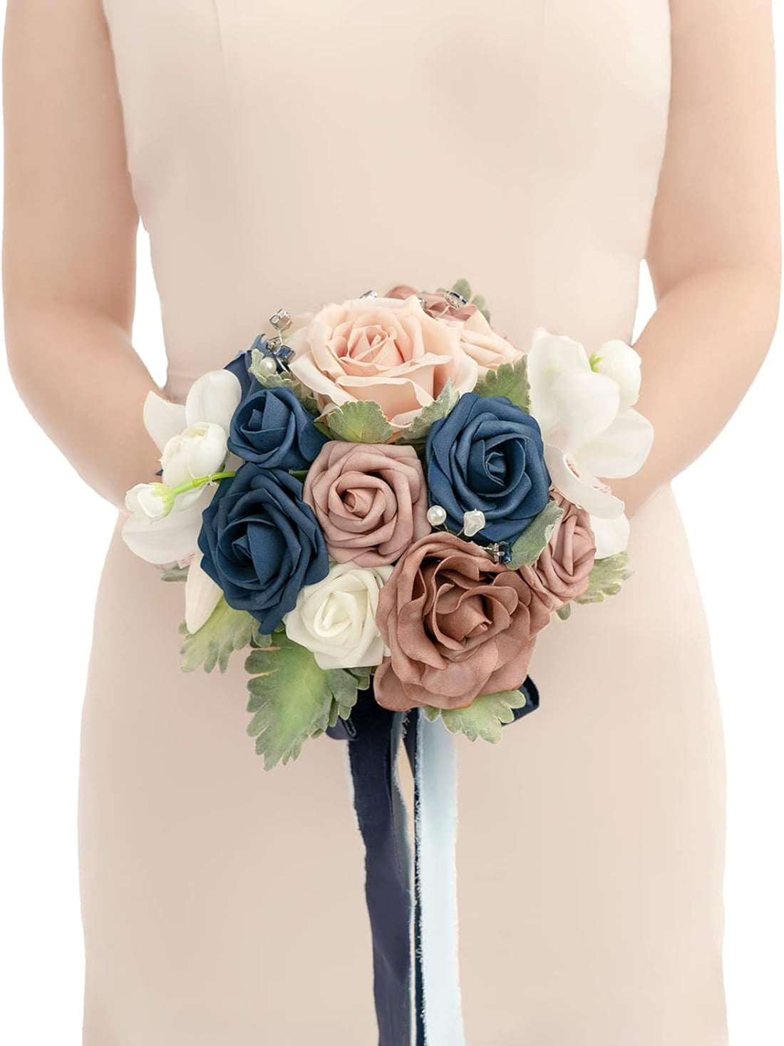 Dusty Rose & Navy Artificial Wedding Flower Bridesmaids Bouquets 7 Inch