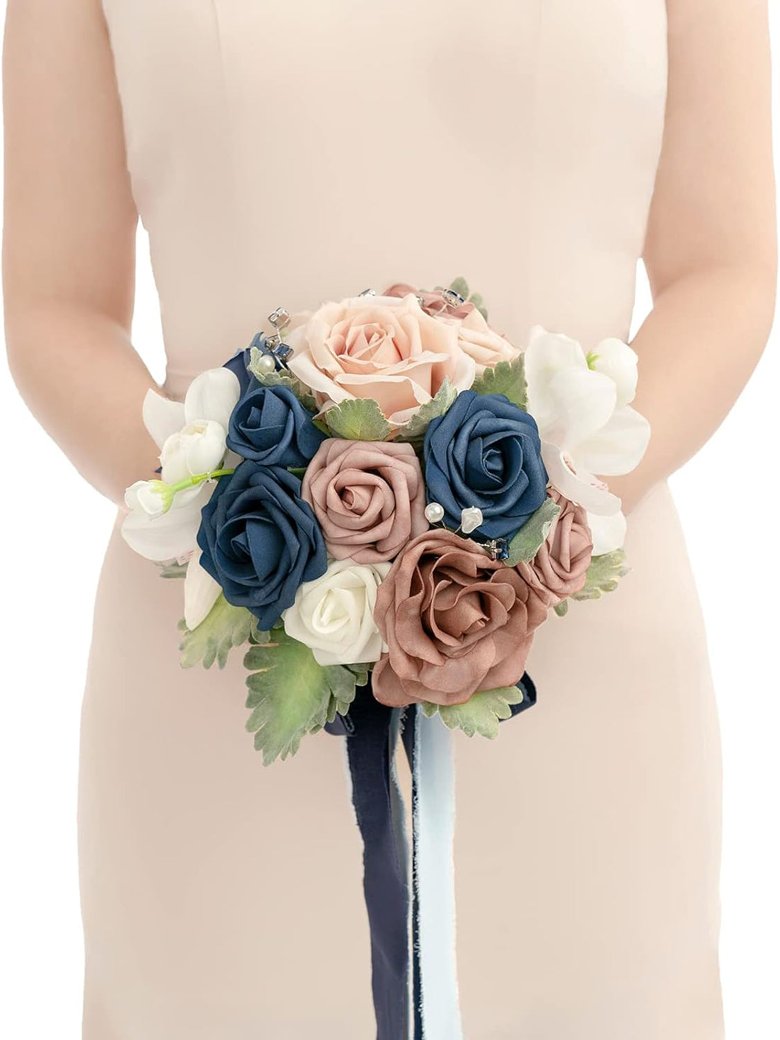 Dusty Rose & Navy Artificial Wedding Flower Bridesmaids Bouquets 7 Inch
