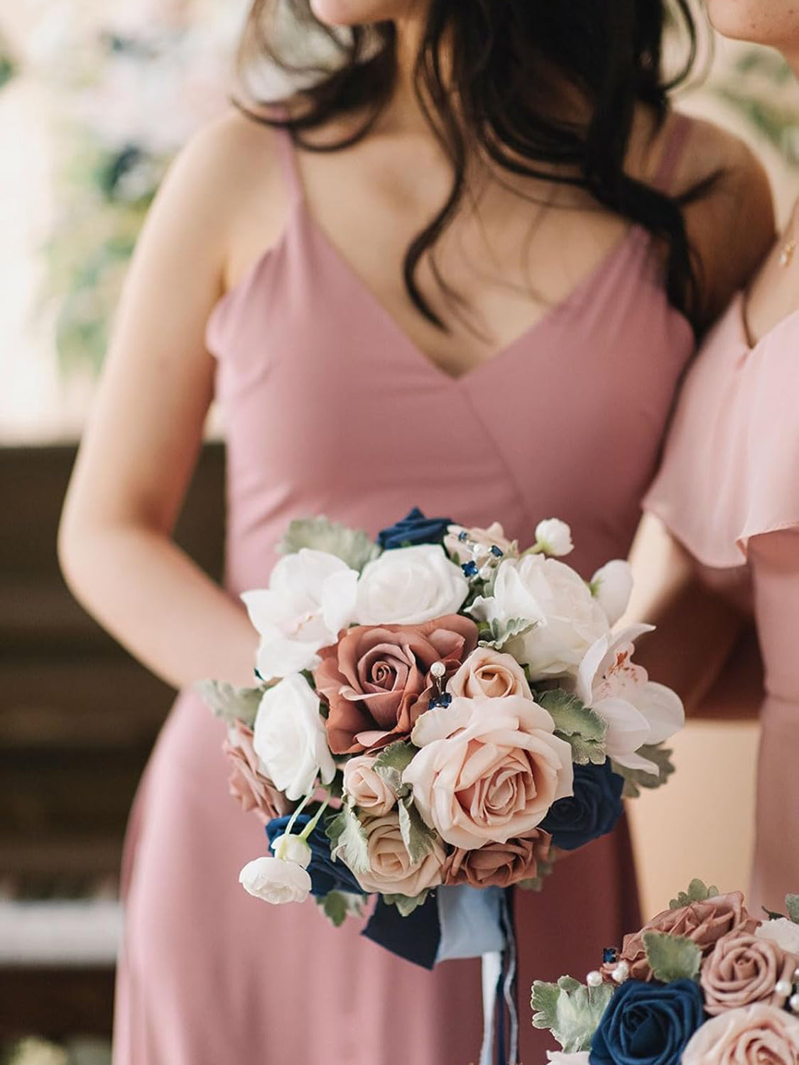Dusty Rose & Navy Artificial Wedding Flower Bridesmaids Bouquets 7 Inch